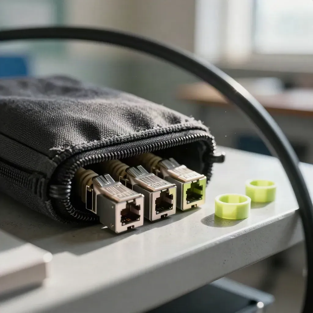 Otwarte etui narzędziowe, wtyki RJ45 i tulejki kablowe przy szkolnej lampie