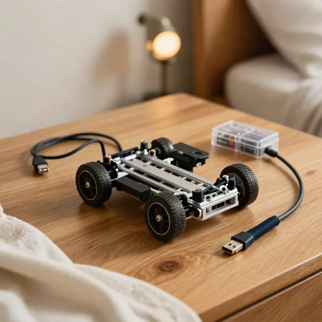 Chassis robota, baterie AA i kabel USB na drewnianym biurku przy łóżku, ujęcie z góry.
