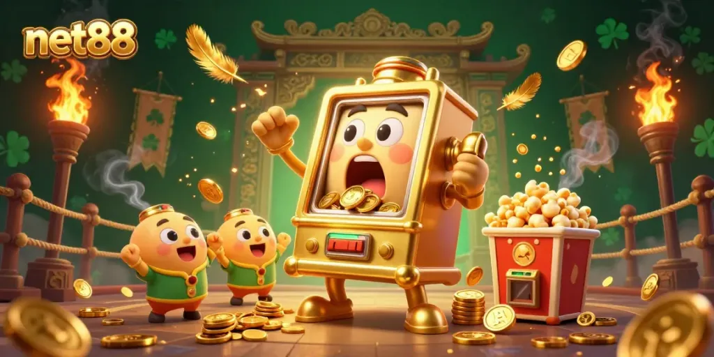 Experience the excitement with net88's vibrant golden slot machine celebrating a jackpot amidst cheering companions in an enchanting casino scene.