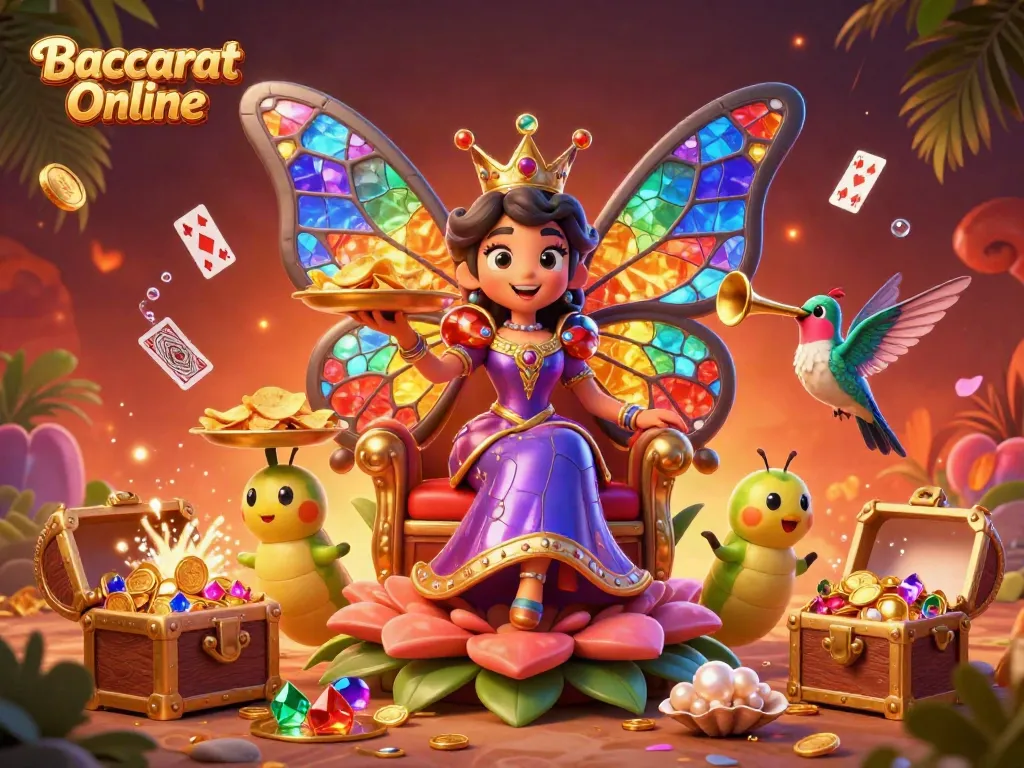 Experience Baccarat Online with an elegant butterfly queen presiding over a vibrant digital casino scene, showcasing opulence and excitement.