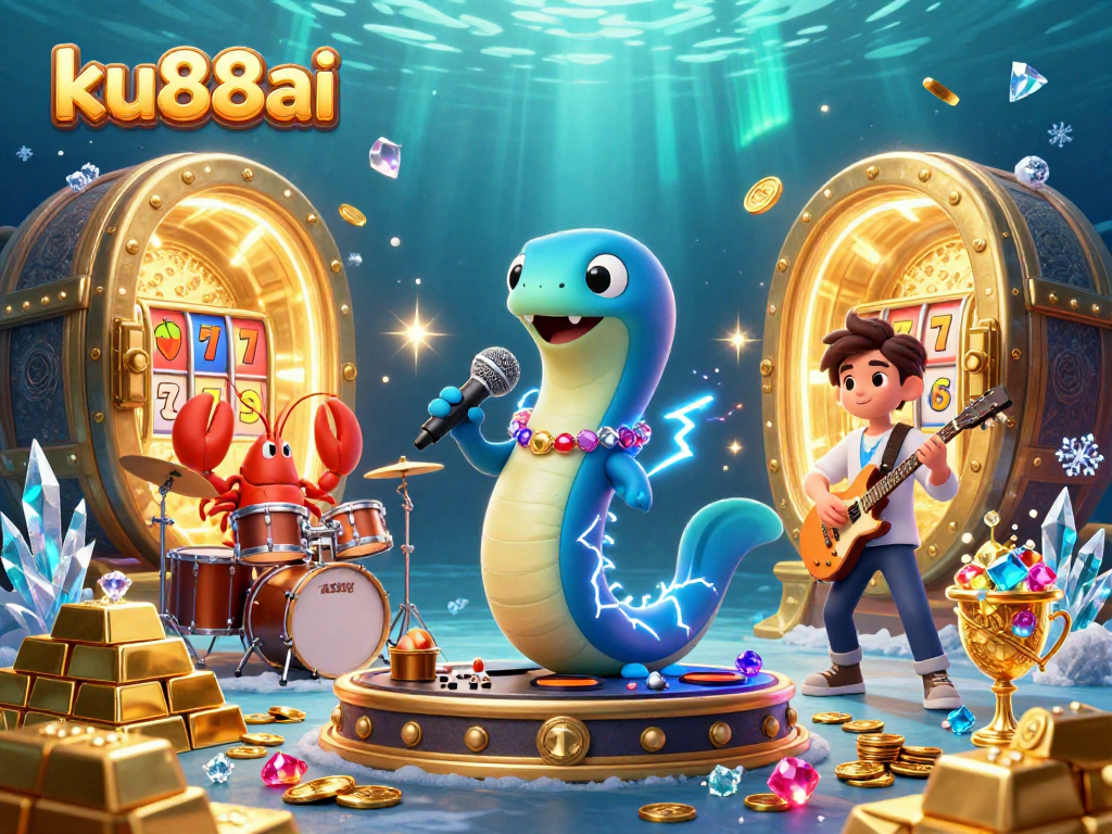 ku88ai showcases an electrifying underwater DJ stage with vibrant casino elements.