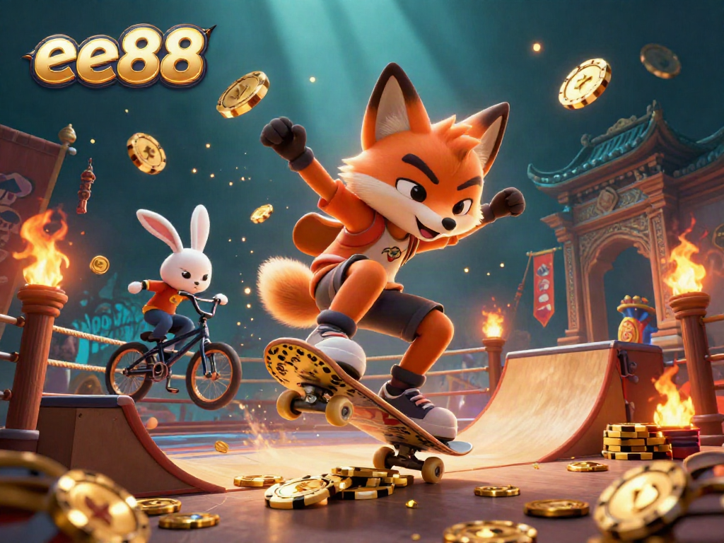 Experience thrilling adventures in ee88 with animated characters showcasing casino excitement and vibrant visuals.