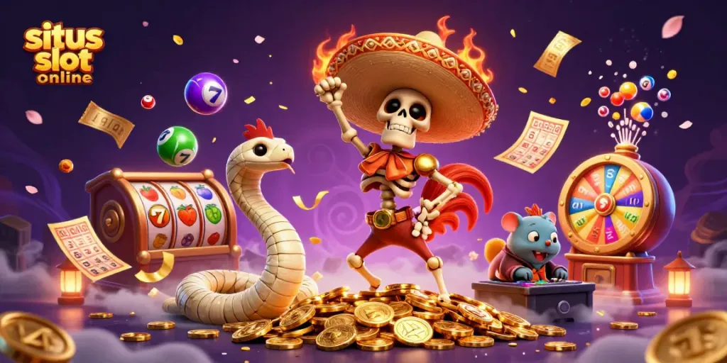 Experience the excitement of situs slot online with vibrant characters celebrating on golden coins amidst an explosion of colorful game elements.