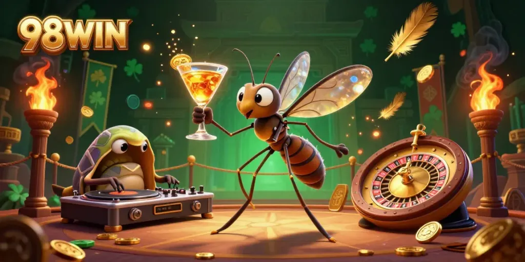 Experience the excitement of 98WIN with vibrant casino-themed characters and dynamic gaming elements.