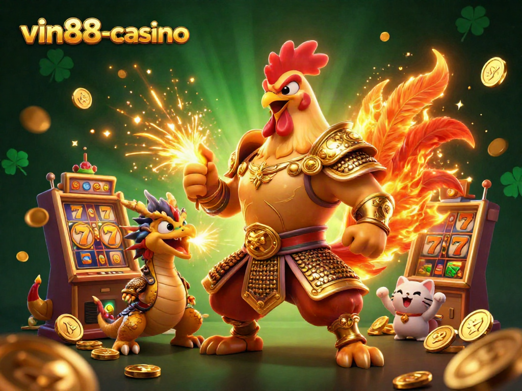 Experience the action at vin88-casino with cartoon characters and slot machines in a vibrant casino setting.