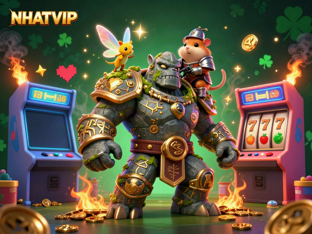 NhatVIP casino adventure scene featuring a magical golem, fairy, and knight amid colorful game elements.
