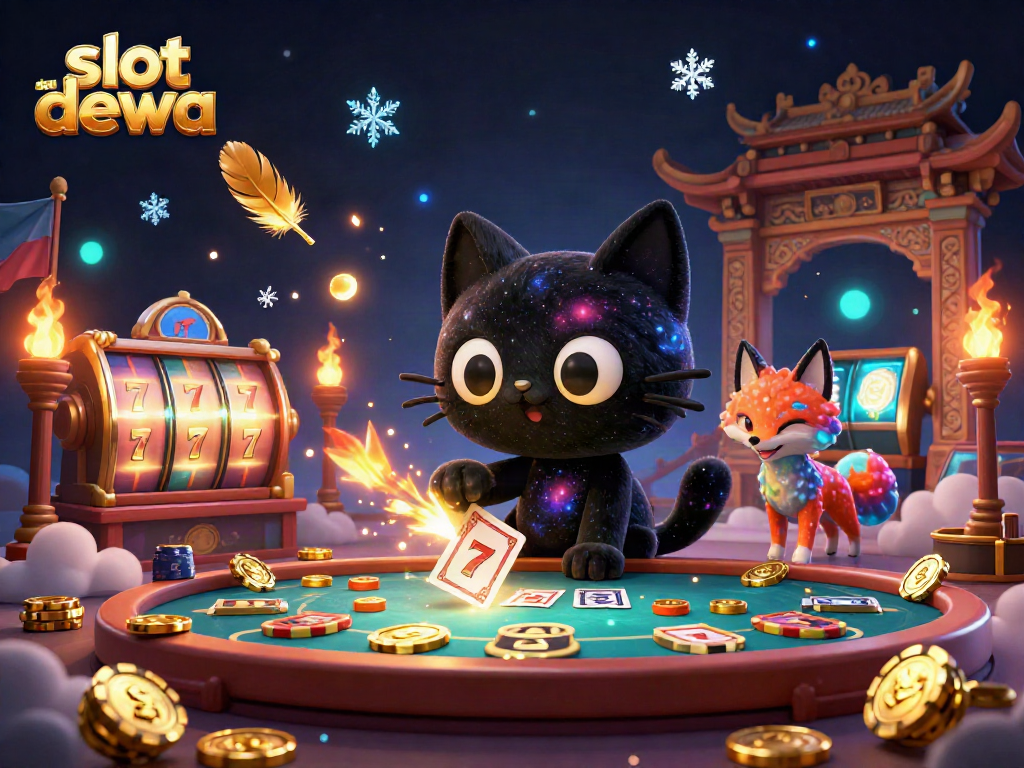 Engage with slot dewa at a vibrant cosmic casino featuring a black hole cat and nebula fox.