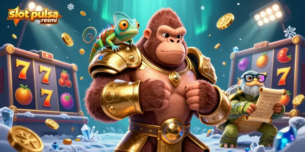 Engage your luck with slot pulsa resmi in this vibrant 3D illustration featuring a gorilla king and colorful game elements.