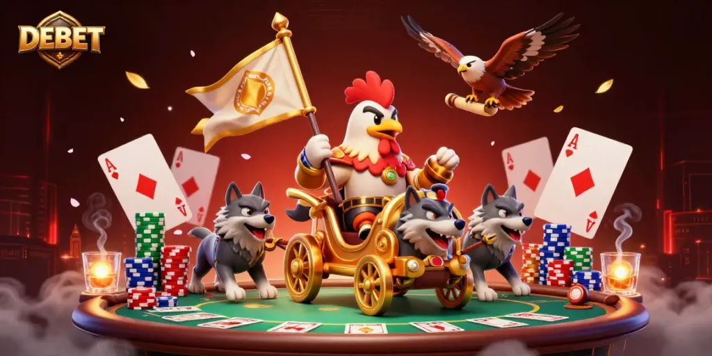 Experience intense gaming action with DEBET as a rooster warlord leads the charge in a vibrant casino scene.