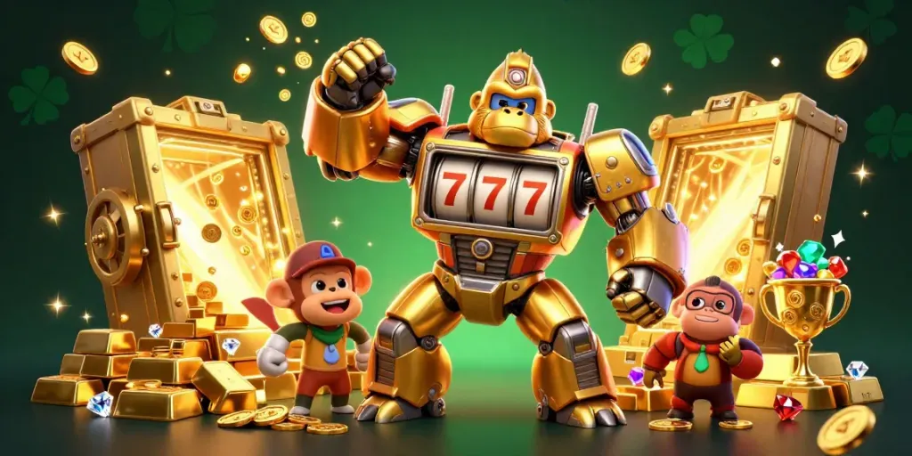 Experience thrilling action with cakhiatv's golden gorilla mech winning jackpot in a treasure-filled scene.