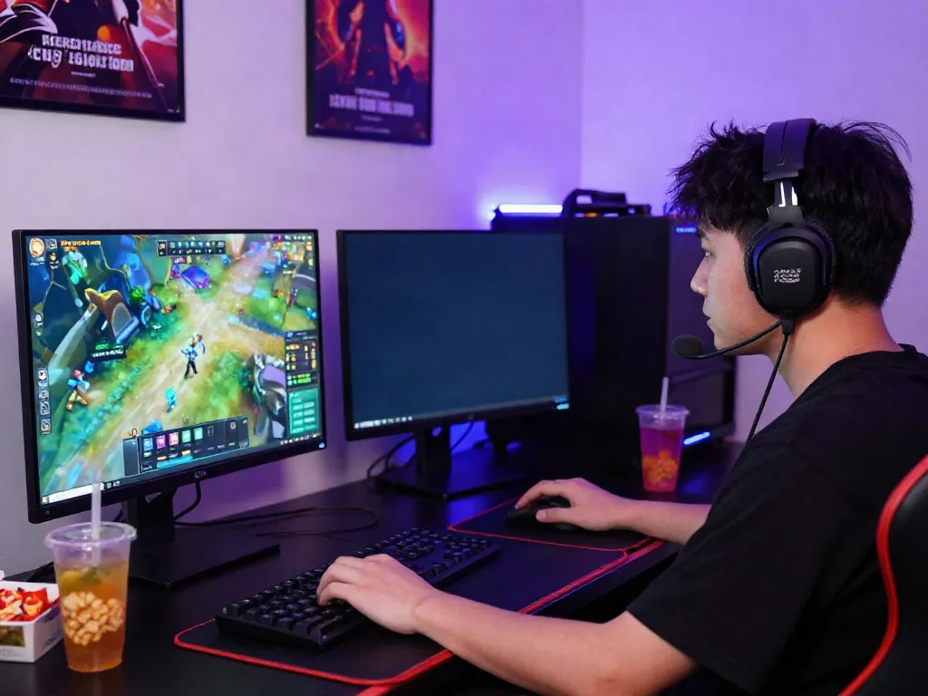Engaged player enjoying an immersive gaming experience at cổng game sunwin with dual monitors and snacks.