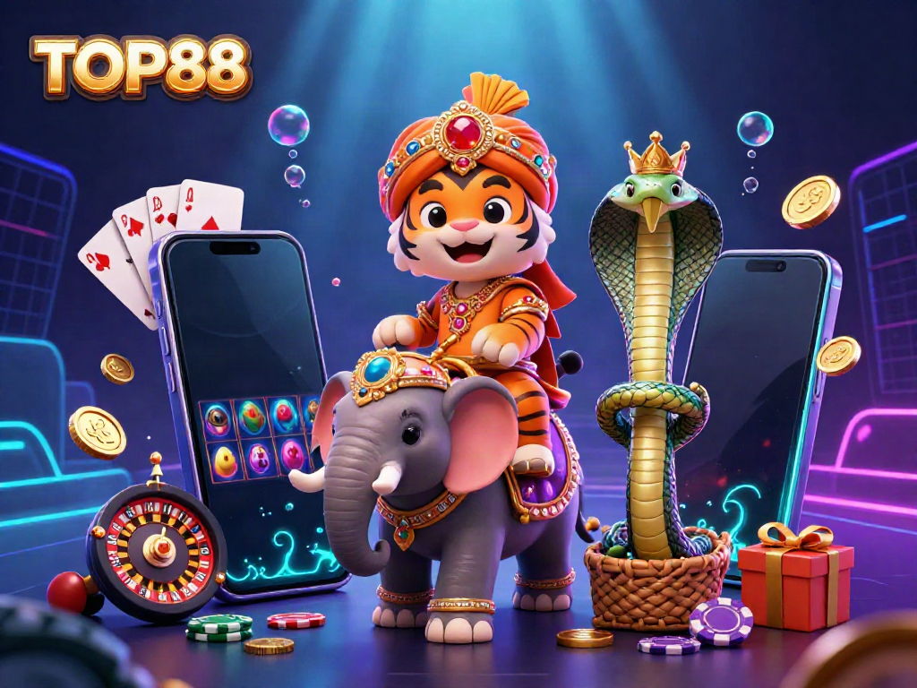 Engage with the vibrant world of TOP88 featuring an ornate avatar of a maharaja tiger in a casino scene.