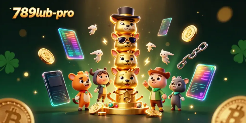 Engage with 789lub-pro in a dynamic 3D casino scene showcasing cryptocurrencies and lively animated characters.
