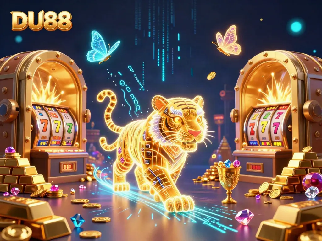 Experience the thrilling DU88 casino scene with a golden tiger and dazzling slot reels in action.