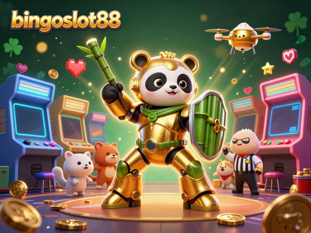 Bingoslot88 menghibur dengan ilustrasi 3D slot berwarna-warni dan karakter panda emas dalam pertarungan yang seru.