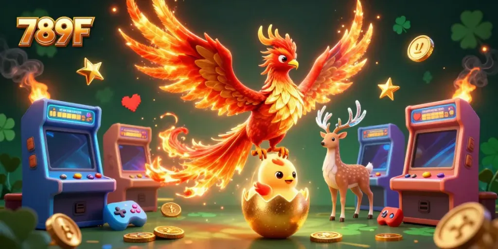 Engage with thrilling gaming adventures at 789F featuring a vibrant phoenix and mystical stag.