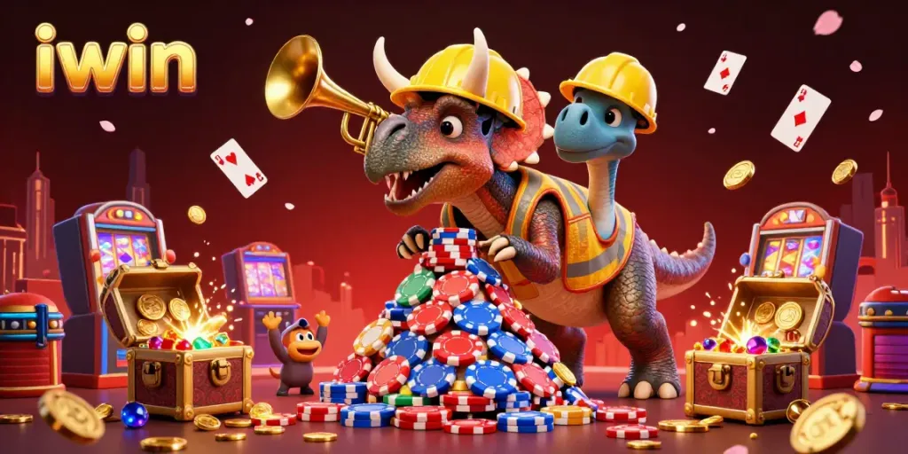 Cheerful scene of gaming excitement with the iwin triceratops building poker chips at a colorful casino.