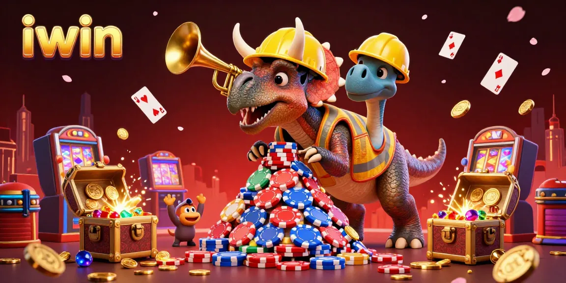 Cheerful scene of gaming excitement with the iwin triceratops building poker chips at a colorful casino.