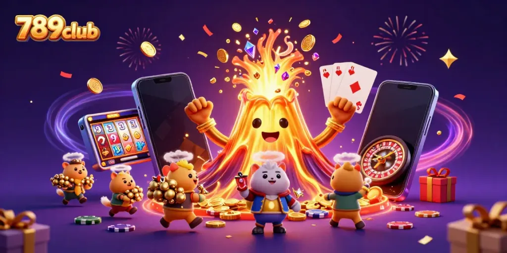 Experience thrilling treasure hunts at 789club with vibrant casino elements and gold eruptions.