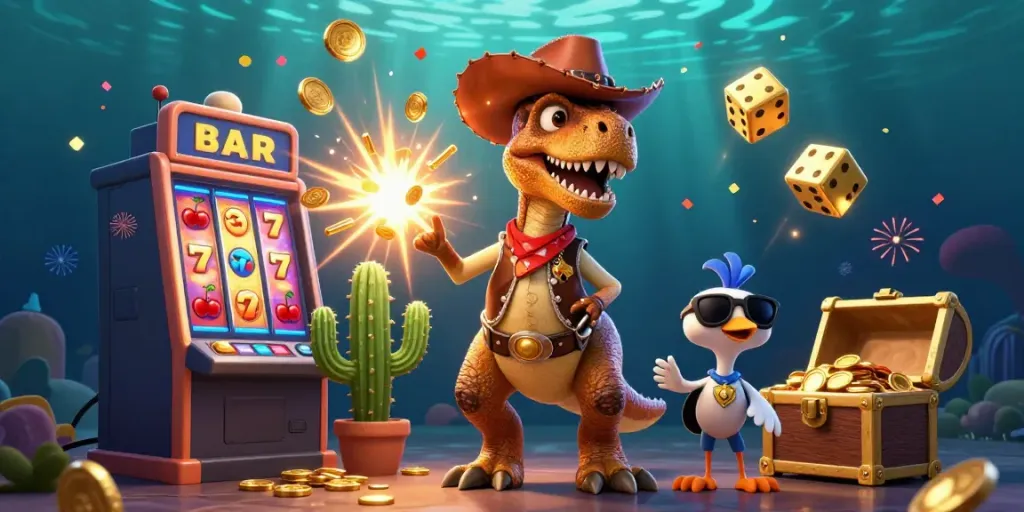 Engage with the exciting world of b52club in this vibrant 3D scene featuring a dynamic slot machine jackpot.