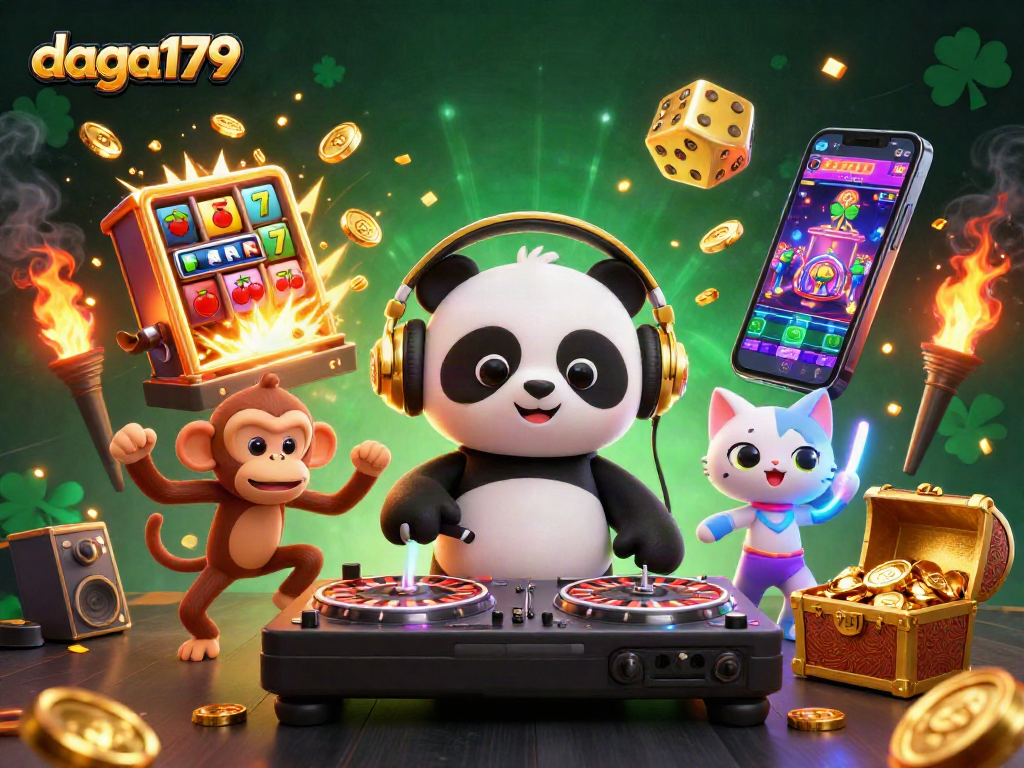 Experience the vibrant energy of daga179 with a lively casino scene filled with colorful characters and game elements.
