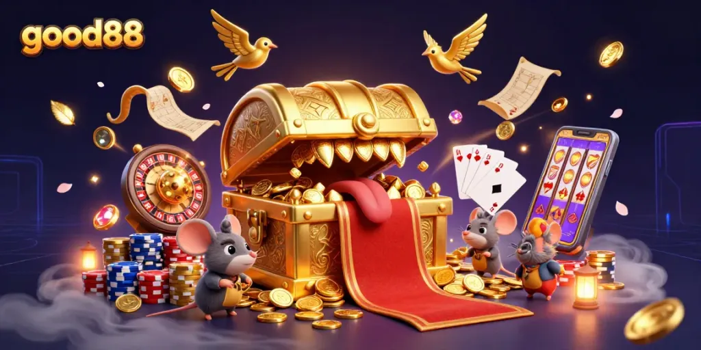 Experience thrilling gaming adventures at good88, showcasing a vibrant 3D casino scene with treasure chests, coins, and cards.