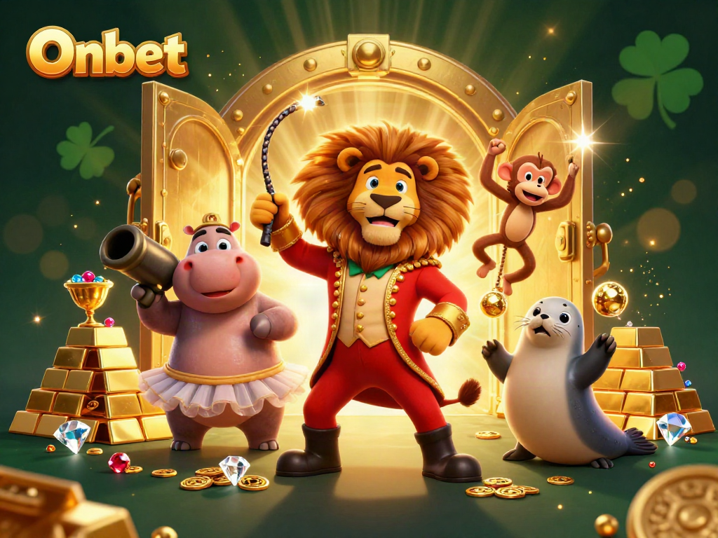 Engage with Onbet's thrilling casino experience featuring 3D animated characters in a vibrant setting.