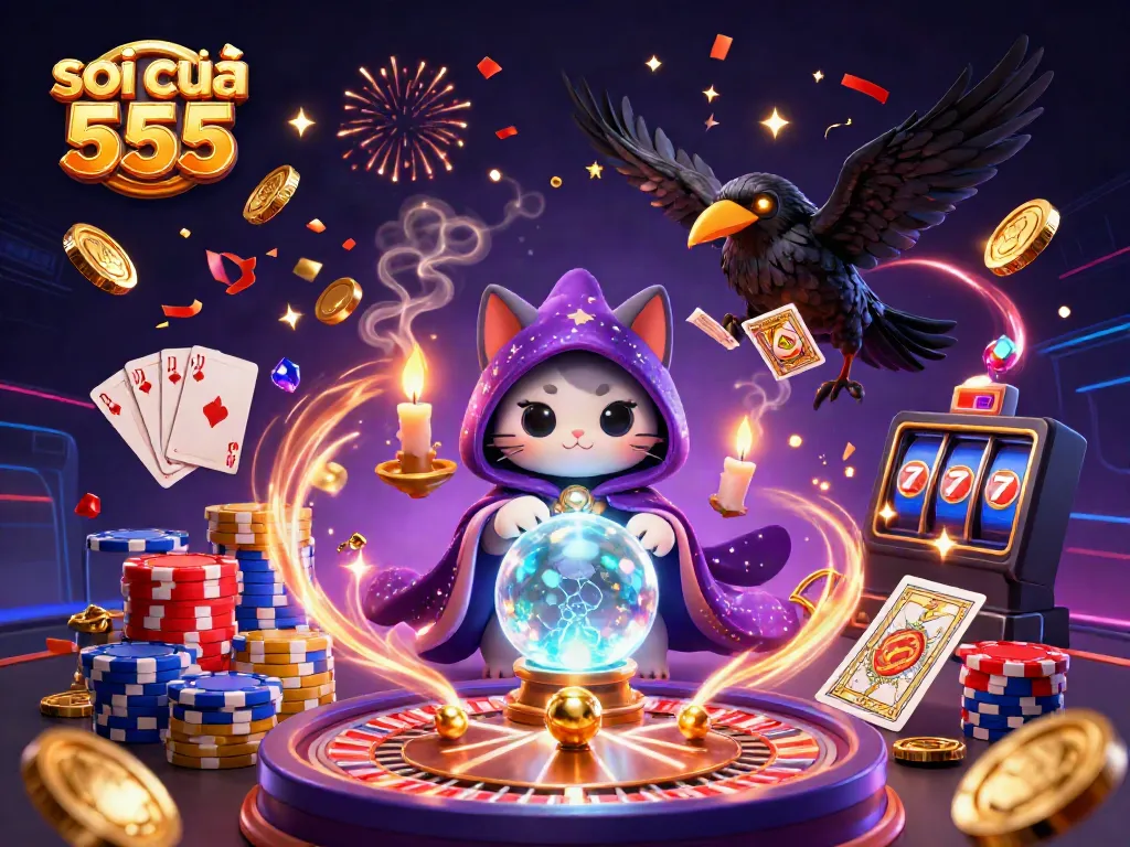 Engage with soi cầu 555 as mystical characters conjure winning numbers surrounded by dynamic casino elements.