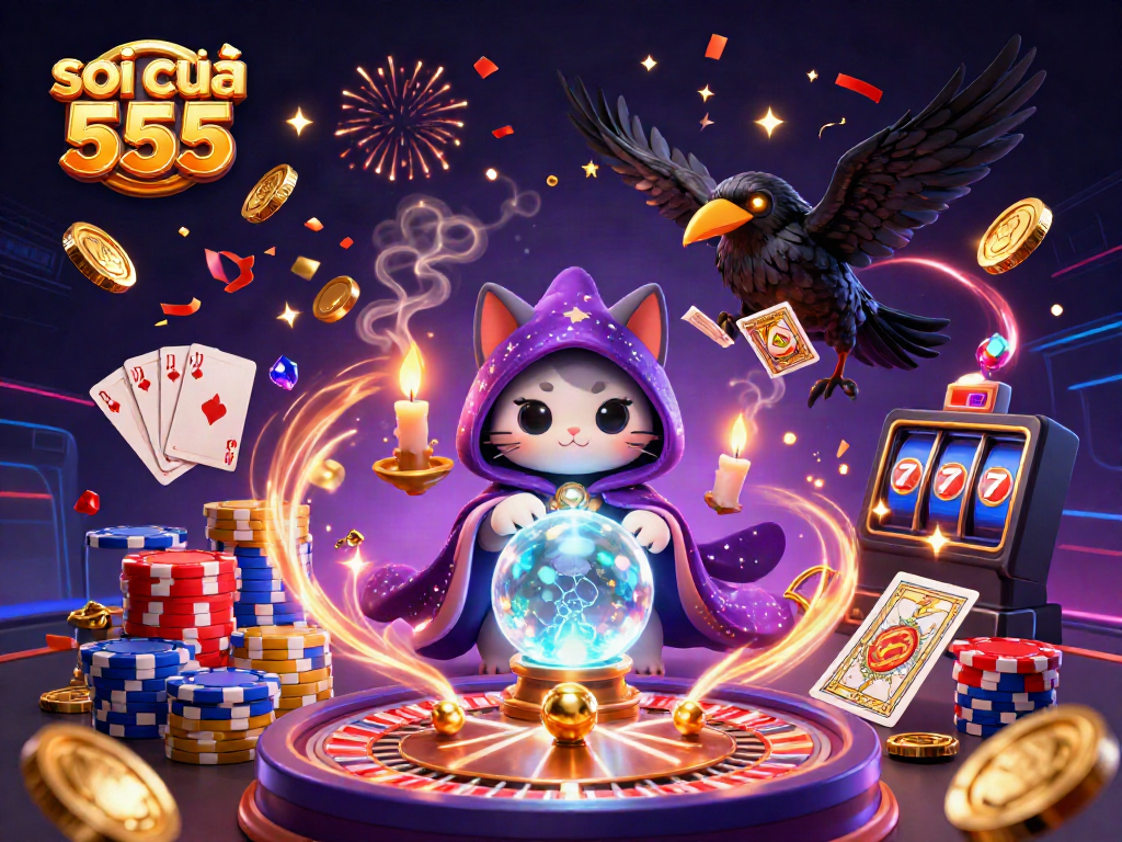 Engage with soi cầu 555 as mystical characters conjure winning numbers surrounded by dynamic casino elements.