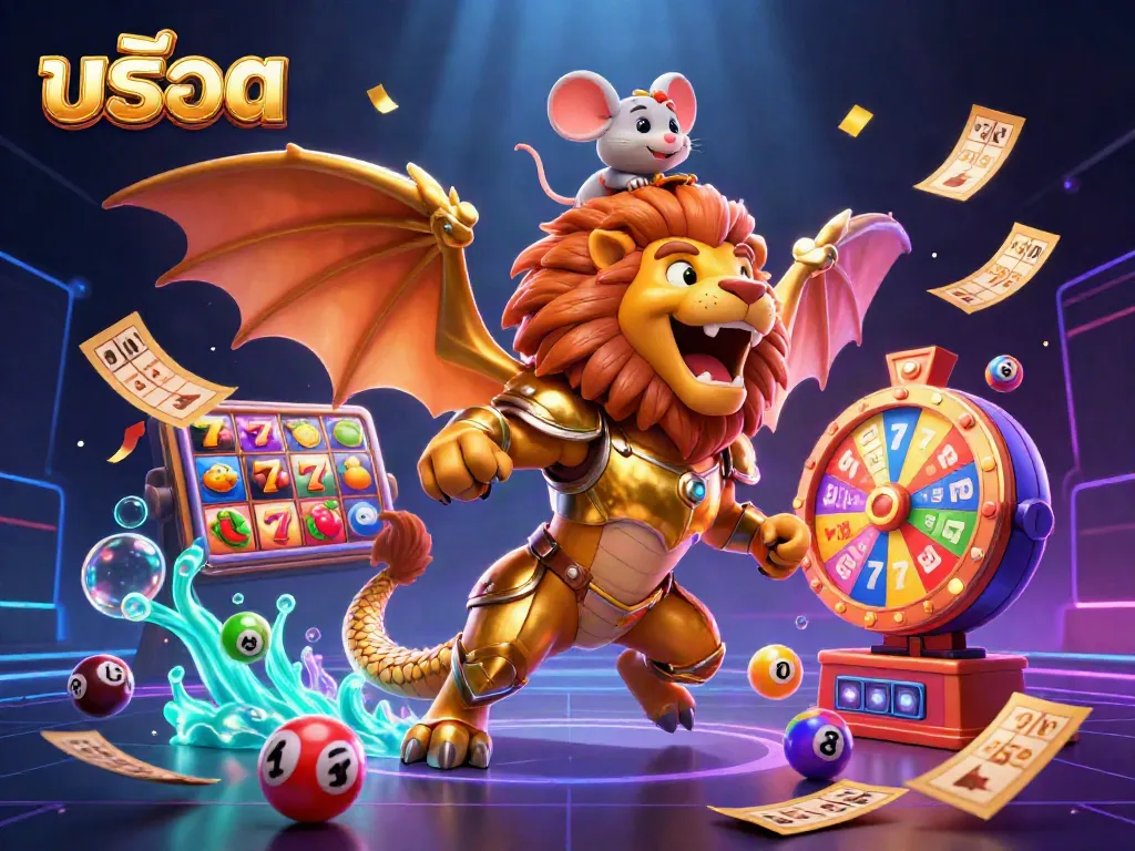 Experience thrilling สล็อต adventures with a chimera creature and vibrant slot elements in an action-packed casino scene.