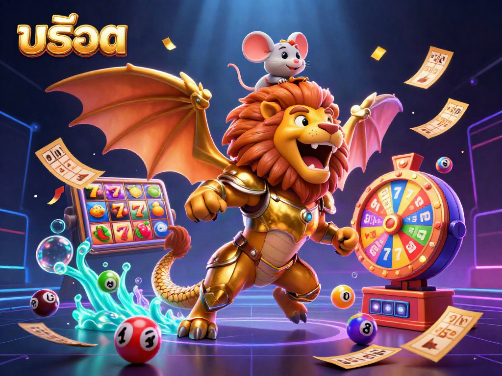 Experience thrilling สล็อต adventures with a chimera creature and vibrant slot elements in an action-packed casino scene.