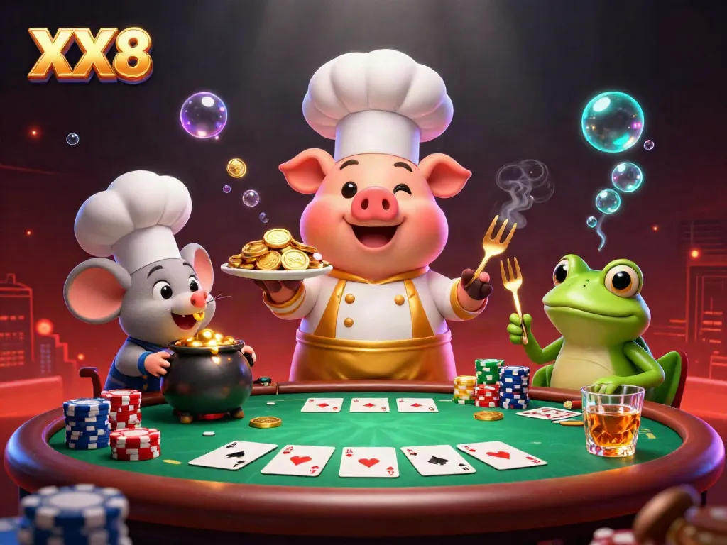 Engaging XX8 casino scene featuring a cartoon chef pig and poker elements with dynamic gold accents.