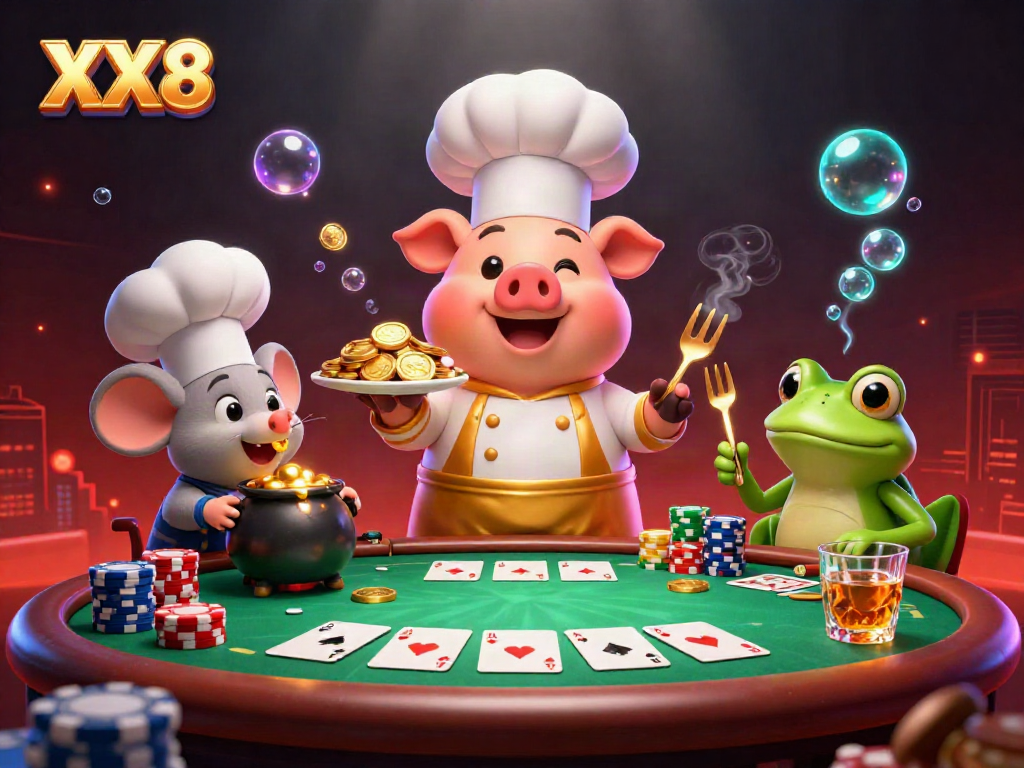 Engaging XX8 casino scene featuring a cartoon chef pig and poker elements with dynamic gold accents.