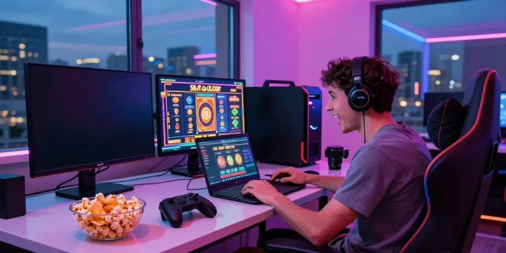 Excited gamer enjoys a Slot gacor game in a vibrant, neon-lit room with modern decor.