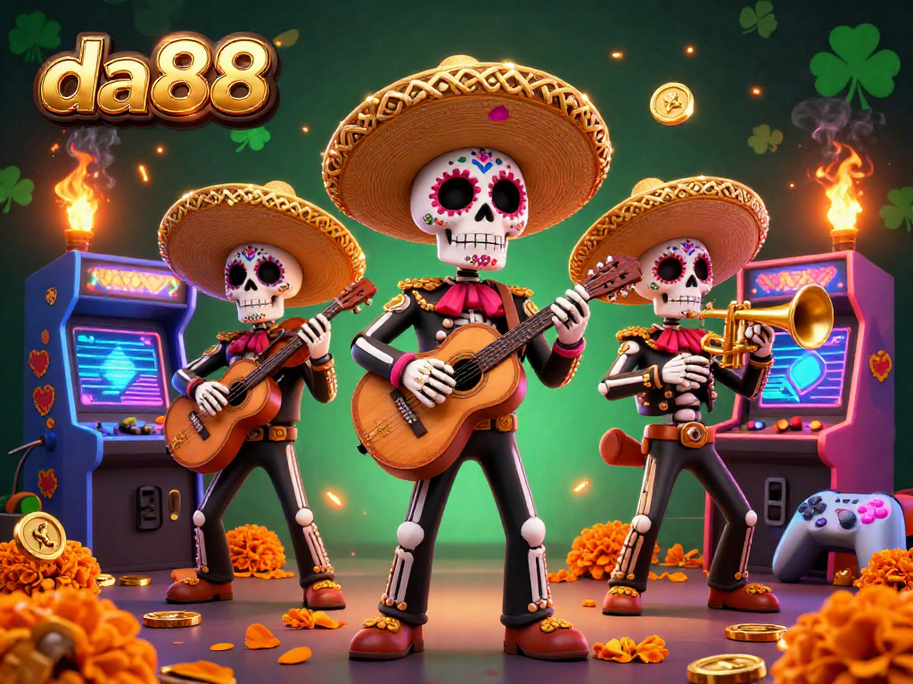 Engage with the vibrant da88 casino scene featuring a Day of the Dead mariachi band amidst arcade elements.