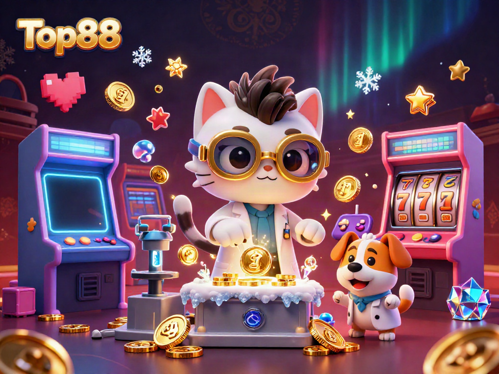 Spin through the excitement of Top88 with a colorful casino scene featuring wild scientist characters.