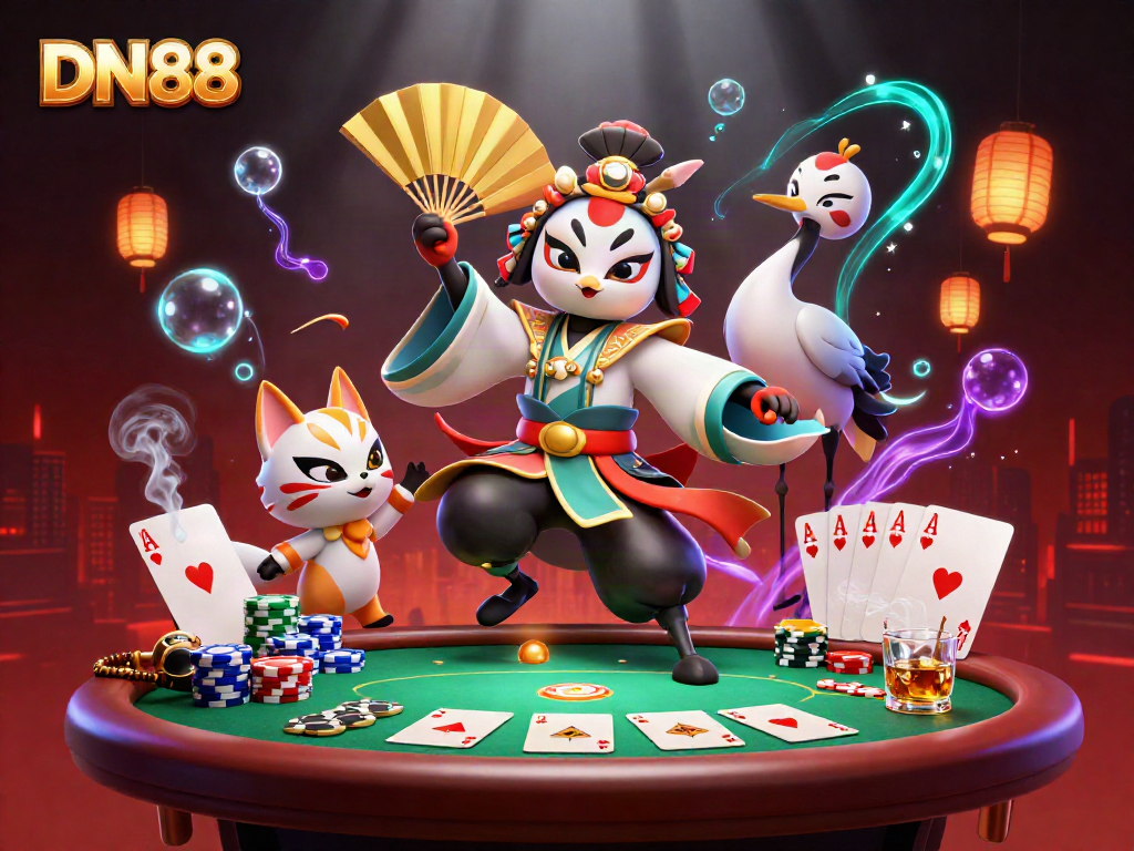 Engaging DN88 scene with kabuki warrior and poker elements in a vibrant casino atmosphere.