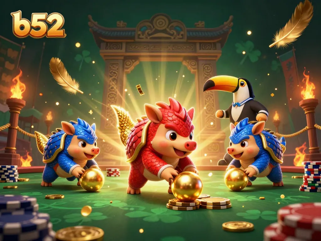 Engage in thrilling bowling action at b52 with cartoon pangolins amid cascading poker chips and golden confetti.