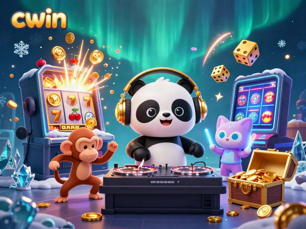 Experience the excitement of CWIN with a vibrant 3D casino scene featuring lively characters and gaming elements.