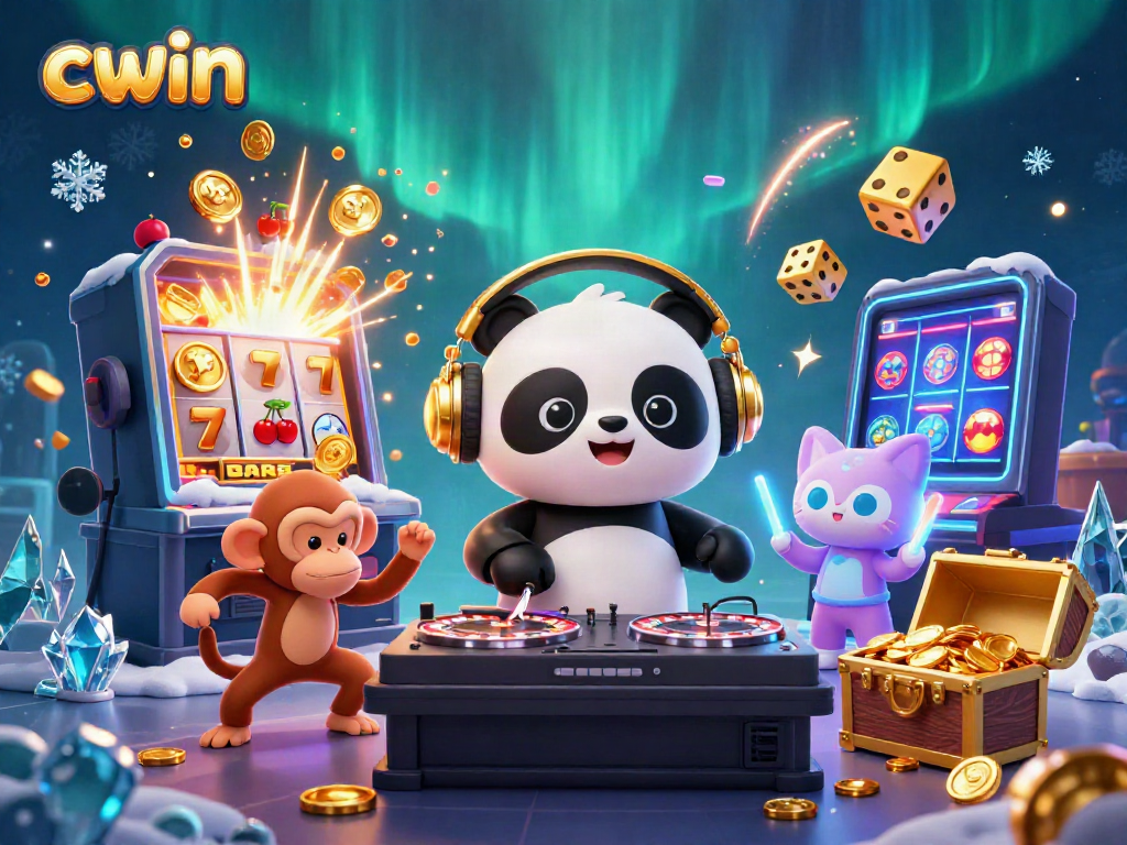 Experience the excitement of CWIN with a vibrant 3D casino scene featuring lively characters and gaming elements.
