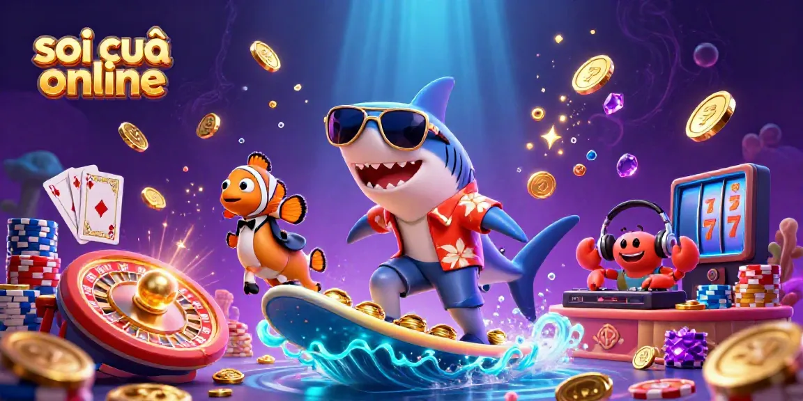 Experience the thrill of soi cầu online with vibrant characters surfing on golden coins and a spinning roulette wheel.