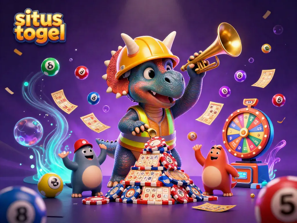 Engage with situs togel in a vibrant, dynamic scene featuring a joyful triceratops and playful lottery elements.