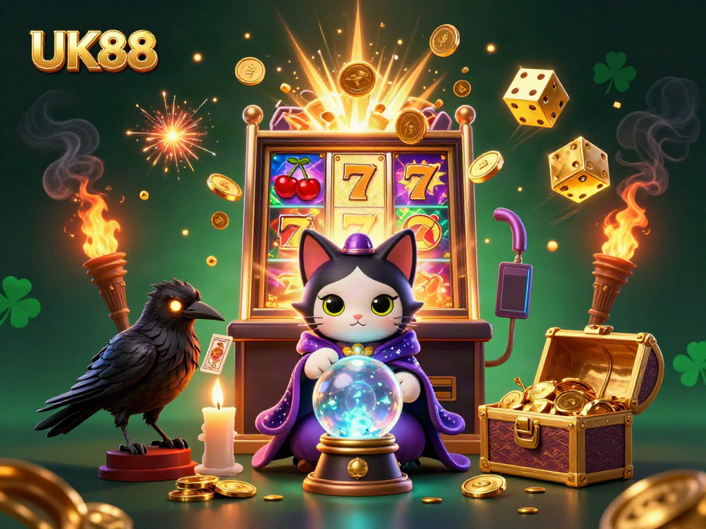 Join the thrill at UK88 with a magical 3D scene of fantastical characters and slot machine excitement.
