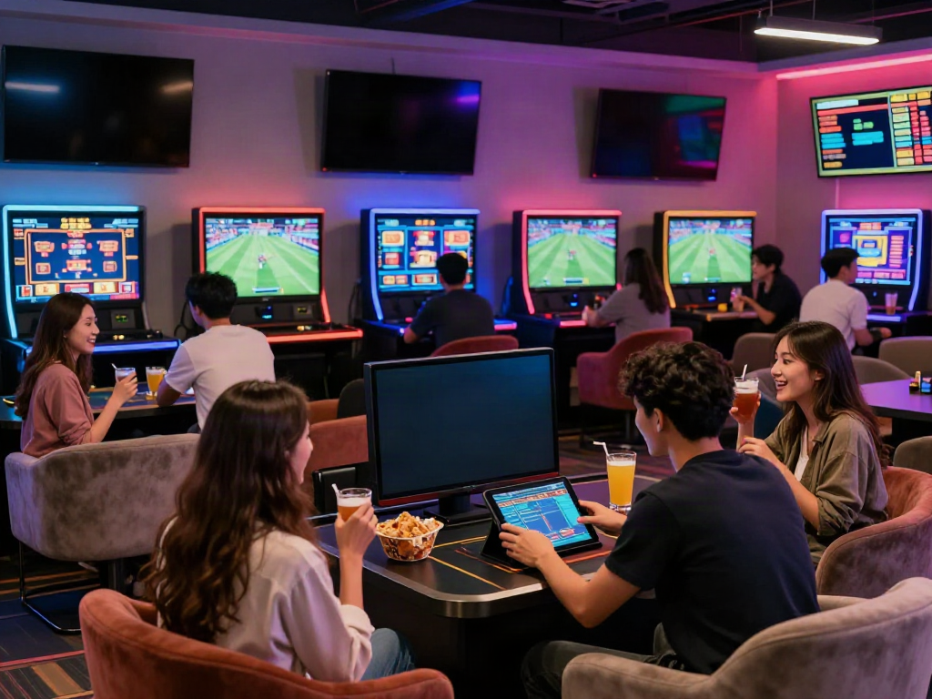 Group of friends enjoying betting excitement at nhà cái man88 gaming lounge.