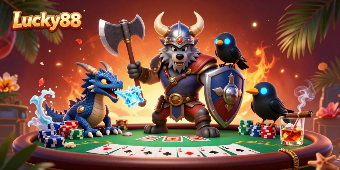 Engage in thrilling gameplay at Lucky88 with a Viking wolf and dragon amid vibrant casino elements.