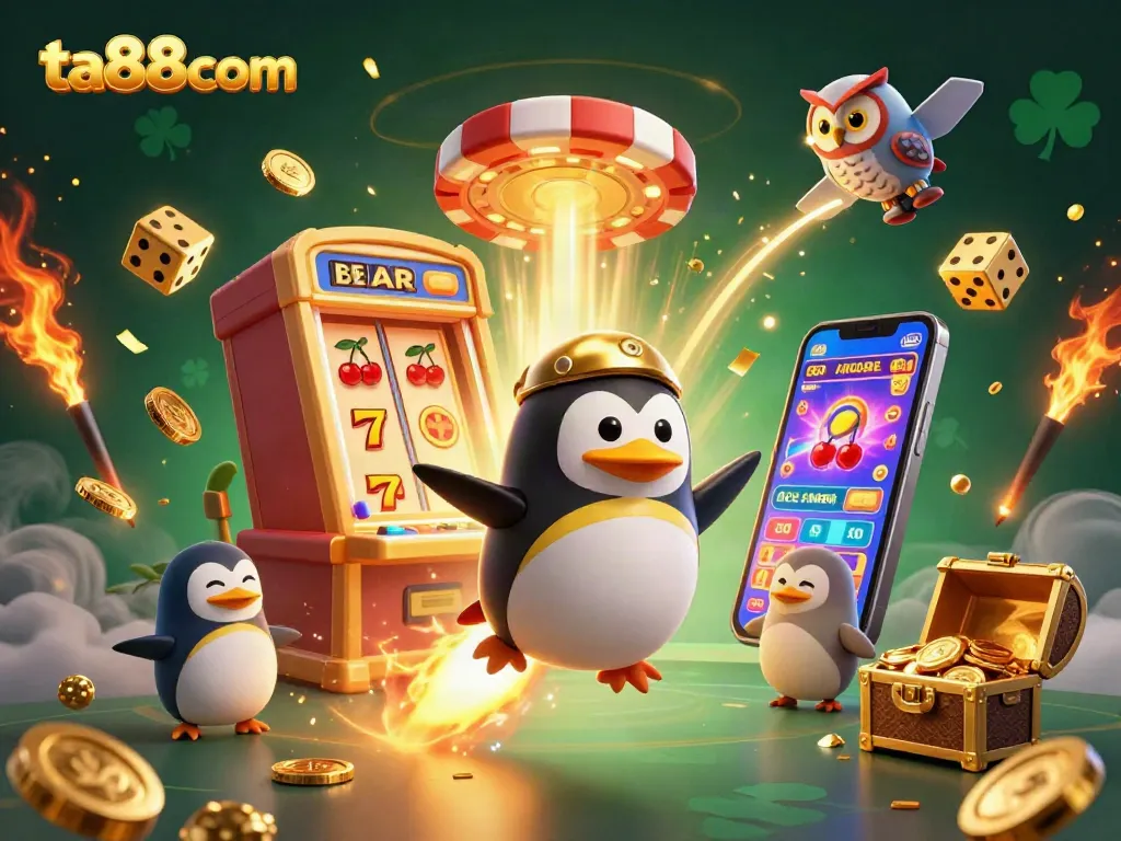 Join the excitement at ta88com with a vibrant 3D casino scene featuring games, jackpots, and a friendly penguin!