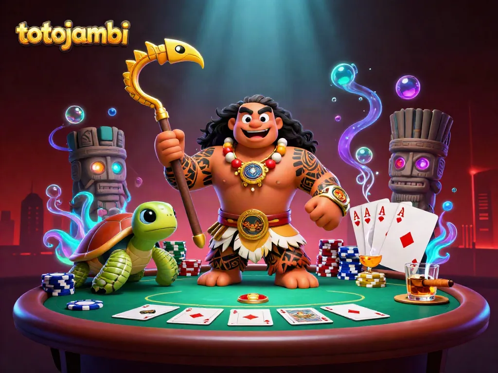 Engaging scene with totojambi characters at a vibrant poker table surrounded by casino elements.