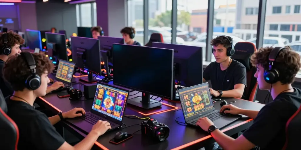 Players enjoying mantul88 login gaming experience in vibrant online lounge