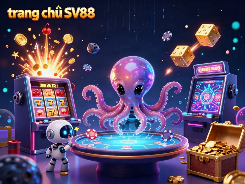 Experience the dynamic excitement of the trang chủ SV88 with an alien octopus managing a poker table in a vibrant casino scene.