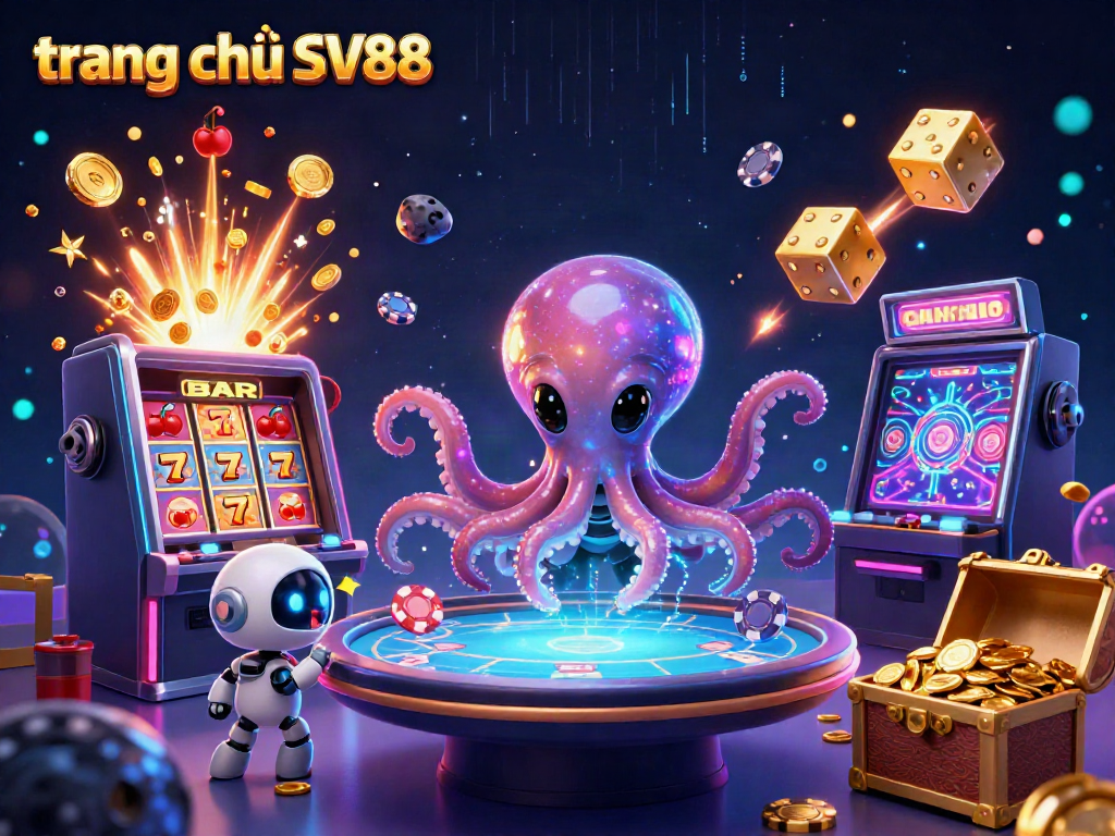 Experience the dynamic excitement of the trang chủ SV88 with an alien octopus managing a poker table in a vibrant casino scene.